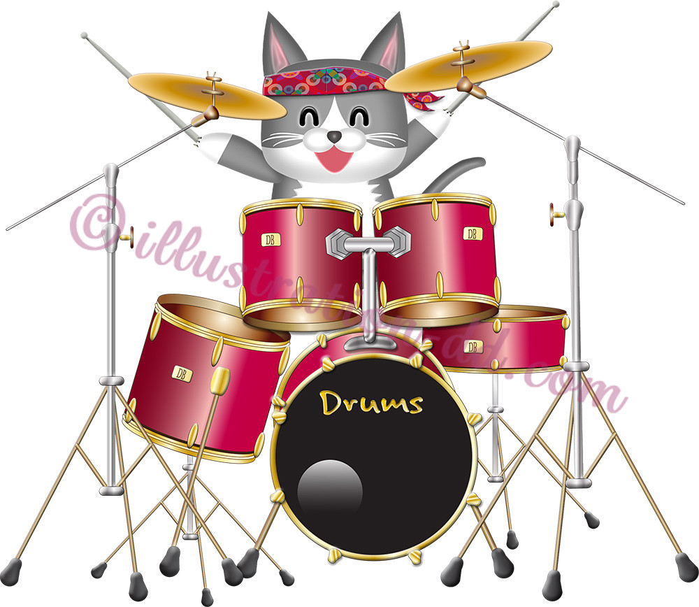 ドラムを叩く可愛い猫ドラマー イラスト無料ddbank